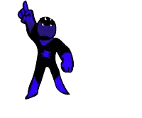 a cartoon character in a black suit and blue boots is standing up with his arms in the air .