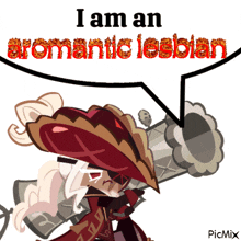 a cartoon character with a speech bubble that says " i am an aromatic lesbian "