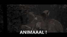 a man laying on top of a skeleton with the words animaal written below him