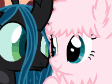 a cartoon drawing of a black pony and a pink pony looking at each other
