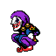 a pixel art drawing of a clown in a purple hat kneeling down on a white background .