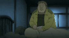 a man in a yellow jacket is standing next to a person in a bed
