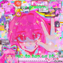 a girl with pink hair is giving a peace sign on a pink background .