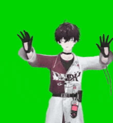 a 3d anime character is standing in front of a green screen .