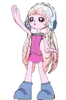 pixel art of a girl wearing headphones and a pink dress