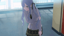 a girl with long blue hair and a plaid skirt stands in a hallway