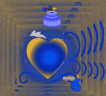 a blue and yellow heart with a blue cake on top