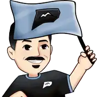 a cartoon drawing of a man holding a flag with a mountain on it