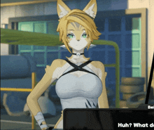 a furry girl in a white top is talking to someone in a game