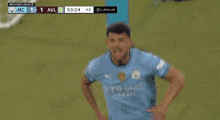 a man in a blue airways jersey is playing soccer