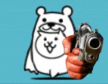 a person is holding a gun in front of a cartoon bear .