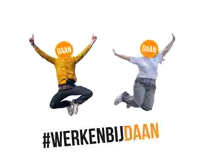 a man and a woman jumping in the air with daan written on their faces