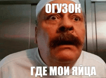 a man with a mustache wearing a chef 's hat has a meme on his face