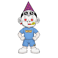 a cartoon character wearing a blue shirt that says wow on it