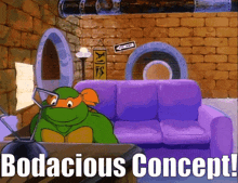 a cartoon of a turtle sitting on a couch with the words bodacious concept below him