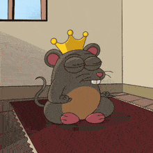 a cartoon mouse with a crown on its head is sitting on a rug