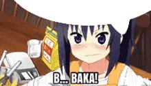 a cartoon girl is sitting at a table with a speech bubble that says b ... baka !