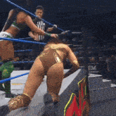 a woman in a wrestling ring with the word em on the side