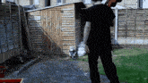 a man in a black shirt is standing in front of a wooden shed in a backyard