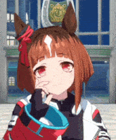 a girl with brown hair and red eyes is holding a bucket in front of a horseshoe .