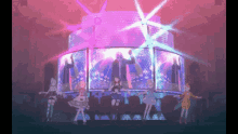 a group of anime characters are dancing in front of a large screen .