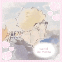 a picture of a man with glasses and a bandaged finger with the words tsuki de avicita written on it