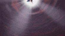 a cartoon character is flying through a tunnel with a purple background