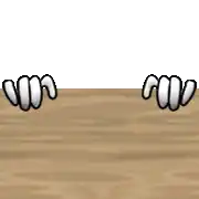 a cartoon character is peeking out from behind a wooden surface with a letter t next to it .