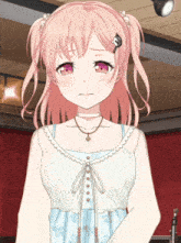 a girl with pink hair is wearing a white tank top and a choker