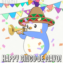a penguin wearing a sombrero is playing a trumpet with the words happy cinco de mayo written below it