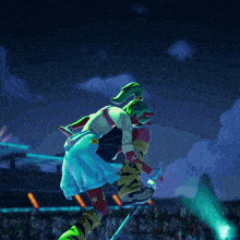 a cartoon character is holding a sword in front of a crowd and a sign that says ' stadium ' on it