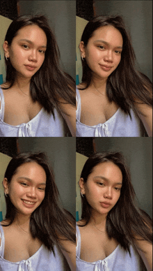 a collage of four photos of a woman in a white tank top
