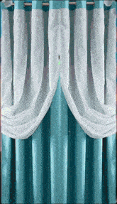 a close up of a blue curtain with white tulle