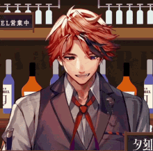 a man in a suit and tie stands in front of bottles of alcohol and a sign that says el