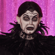 a close up of a person 's face with makeup and a feathered collar