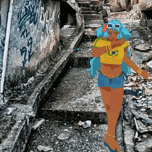 a cartoon drawing of a woman with blue hair and sunglasses