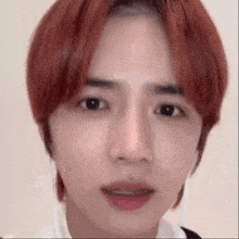 a close up of a person 's face with red hair and a white shirt .