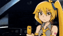 a cartoon girl with yellow hair is holding a cell phone in her hand .