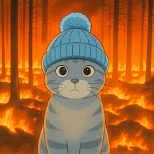 a cat wearing a blue hat stands in front of a fire
