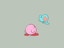 a cartoon drawing of kirby with blue wings and red feet