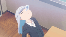 a girl with white hair and blue eyes is laying down with her eyes closed