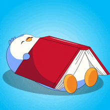 a penguin is reading a red book on its back