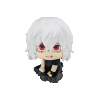a figurine with white hair and red eyes is sitting on a white background