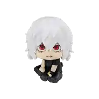 a figurine with white hair and red eyes is sitting on a white background