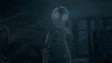 a cartoon character with glowing eyes is standing in a dark room