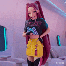 a girl with red hair is wearing a netflix shirt and a yellow skirt