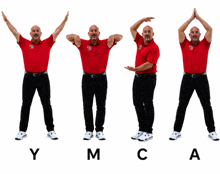 a man in a red shirt is standing in front of a white background with the letters ymca on it