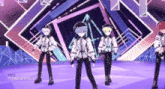 a group of anime characters are dancing on a stage with a purple background and the letters me on the bottom right