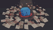 a pixel art drawing of a blue cube surrounded by papers with the letter j visible