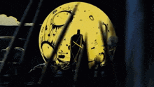 a cartoon drawing of a full moon with bats flying around